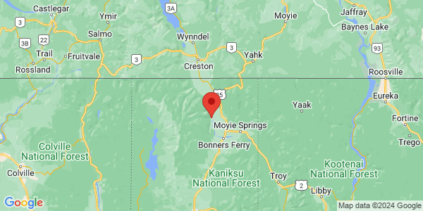 Map with marker: Located 12 miles north of Bonners Ferry